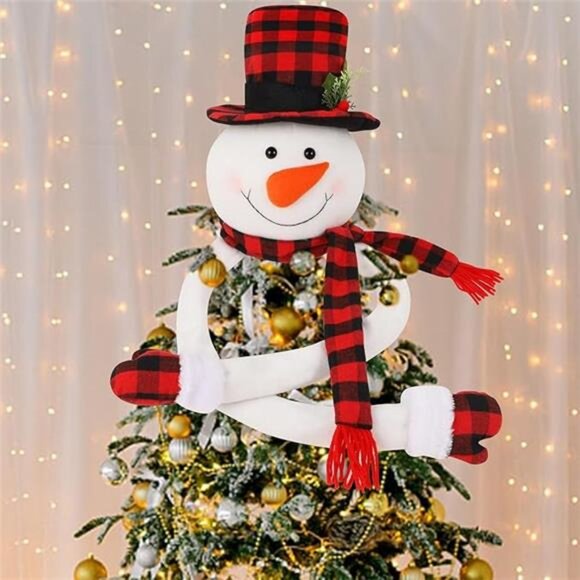 Large Plush Snowman Tree Topper - Red & Black Plaid Hat & Scarf - Picture 7 of 7